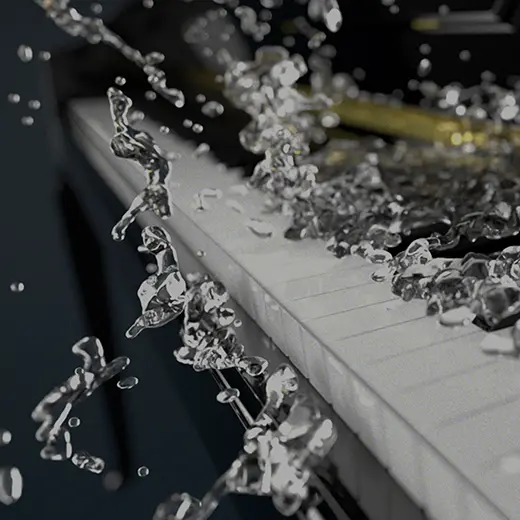 3D-visualisering av piano med vätskesimulering