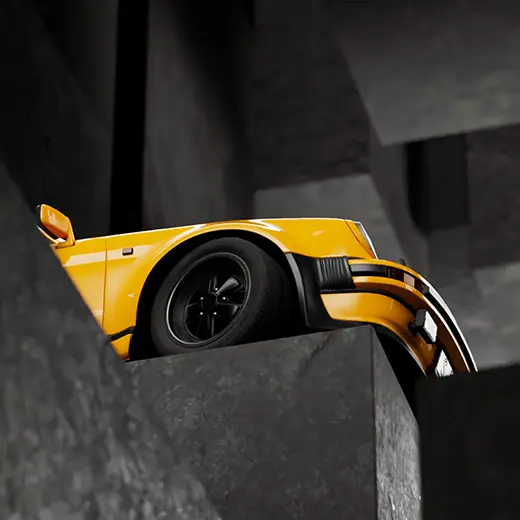 Gyllene klassisk bil i procedurell abstrakt 3D-miljö